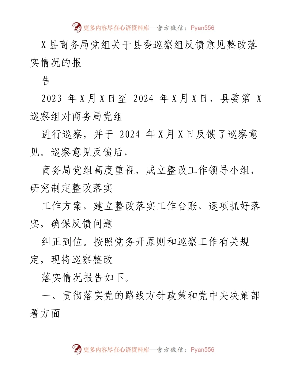 [报告] 巡察整改 - X县商务局党组巡察反馈意见整改落实情况报告.docx_第1页