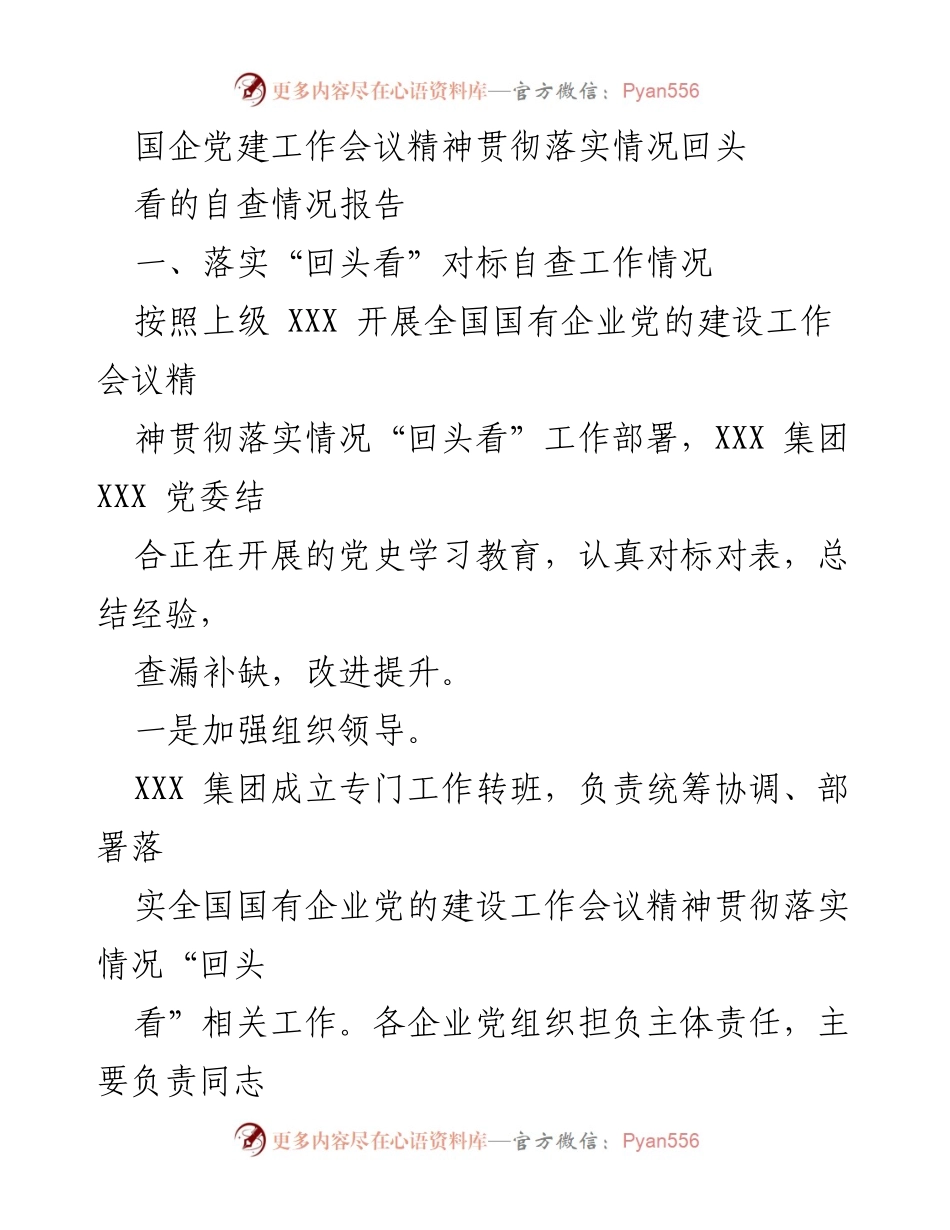 [调研报告] 国企党建工作会议 - 国企党建工作会议精神“回头看”自查情况报告.docx_第1页