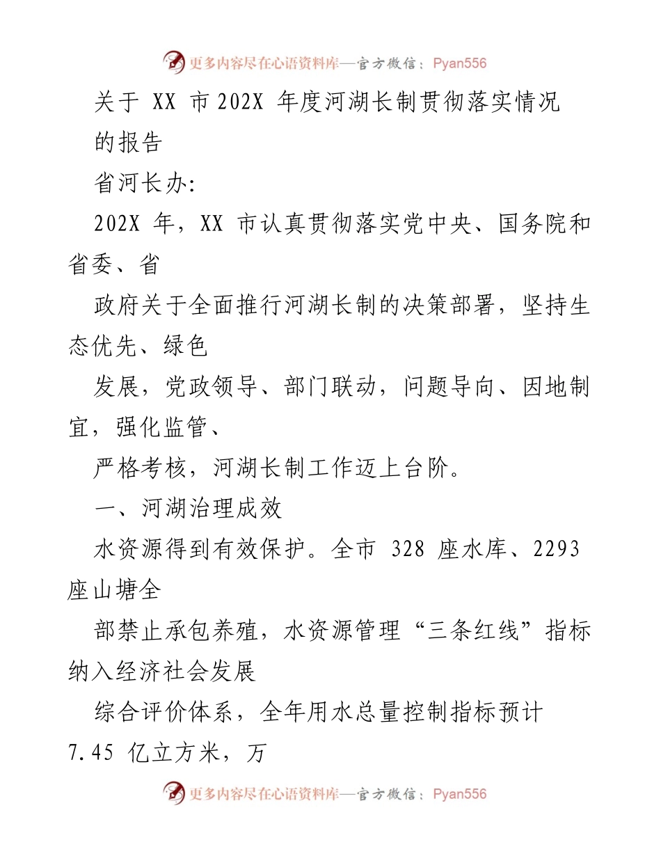 [报告] 省河长办 - XX市202X年度河湖长制实施情况总结.docx_第1页