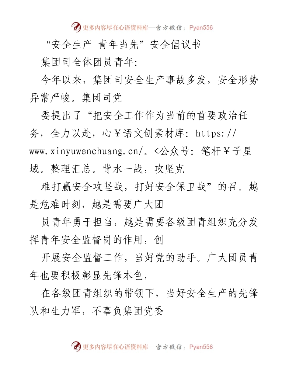 [倡议书] 安全生产活动 - 青年安全生产先锋倡议.docx_第1页