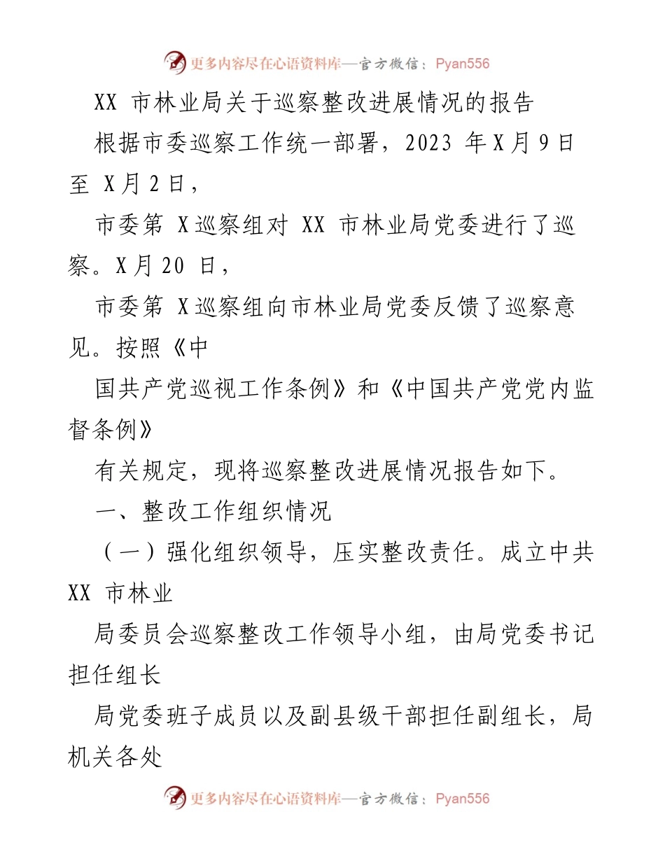 [报告] 巡察整改 - XX市林业局巡察整改进展情况报告.docx_第1页