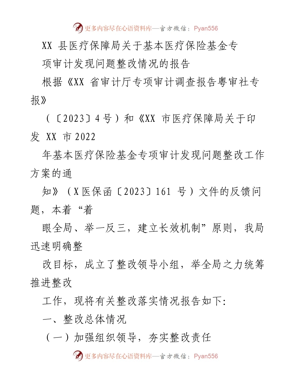 [报告] 医疗保障局 - 基本医疗保险基金专项审计整改情况报告.docx_第1页