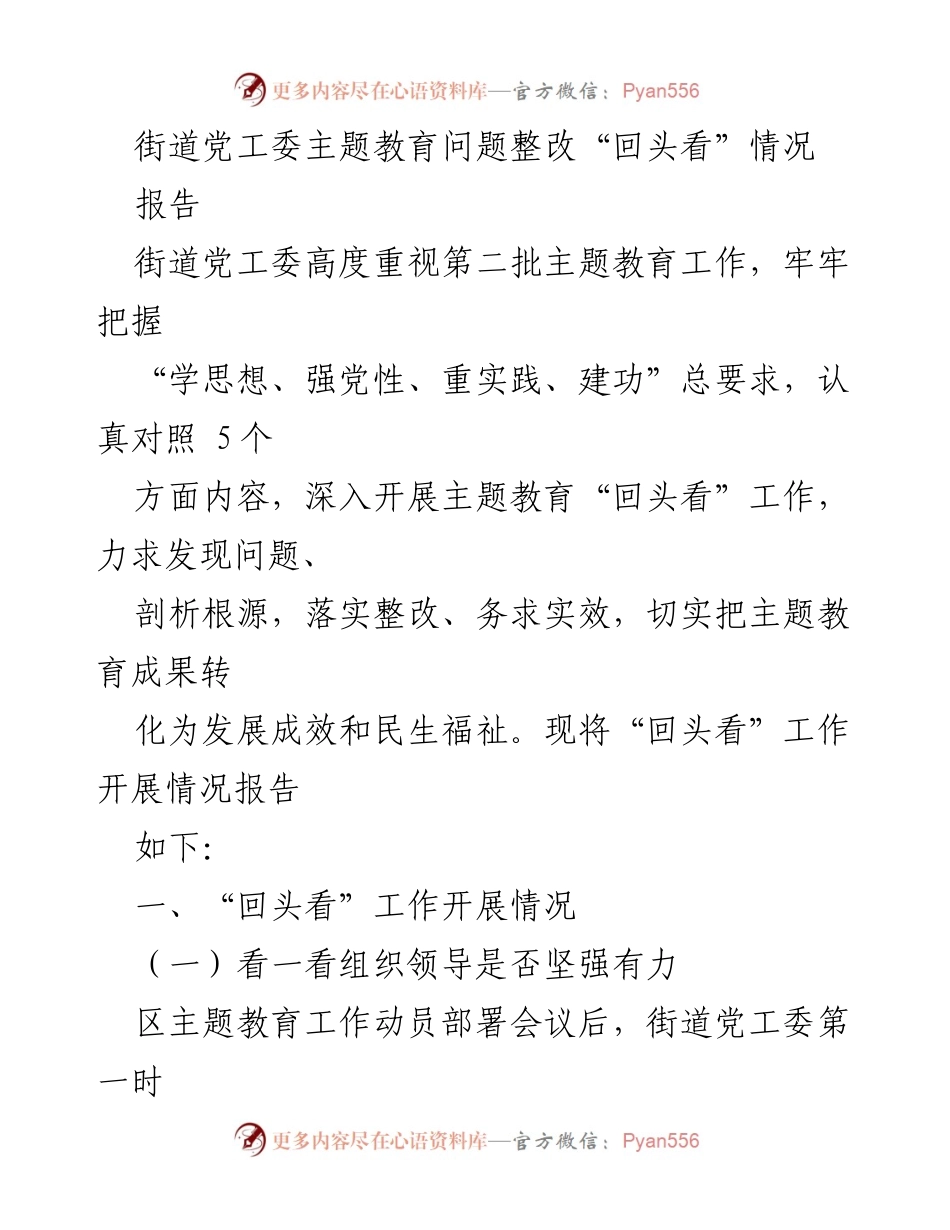 [报告] 街道党工委 - 主题教育“回头看”工作开展情况总结.docx_第1页