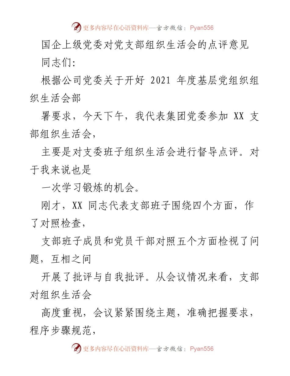 [点评] 组织生活会 - 国企党委对党支部组织生活会的点评与改进建议.docx_第1页