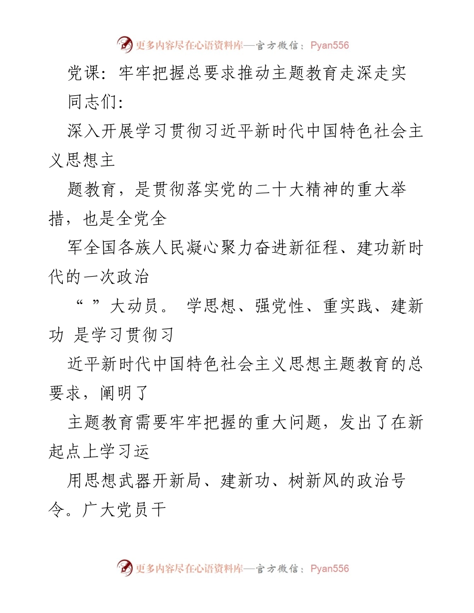 [党课] 学习贯彻习近平新时代中国特色社会主义思想 - 牢牢把握总要求推动主题教育走深走实.docx_第1页