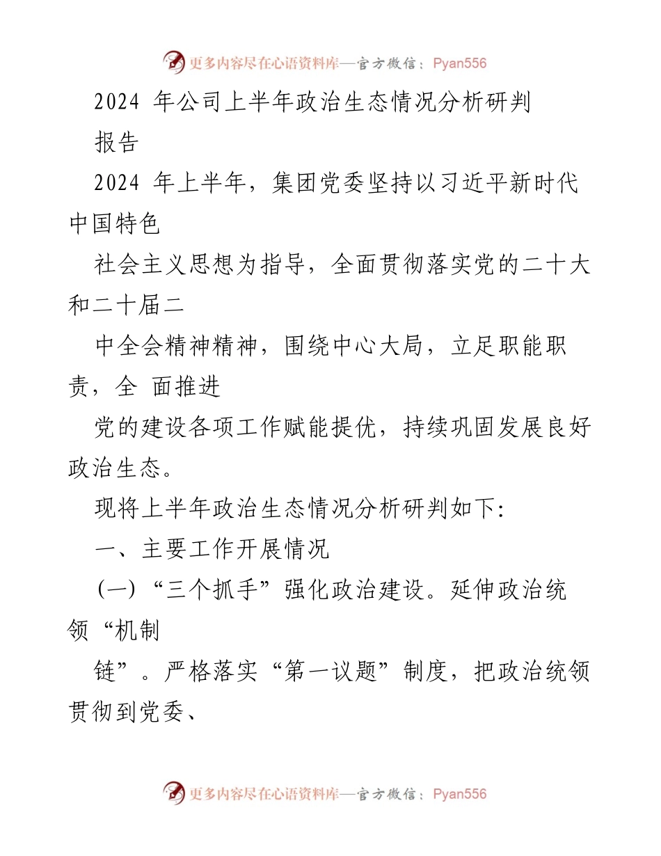 [报告] 政治生态分析 - 2024年上半年公司政治生态情况分析与评估.docx_第1页