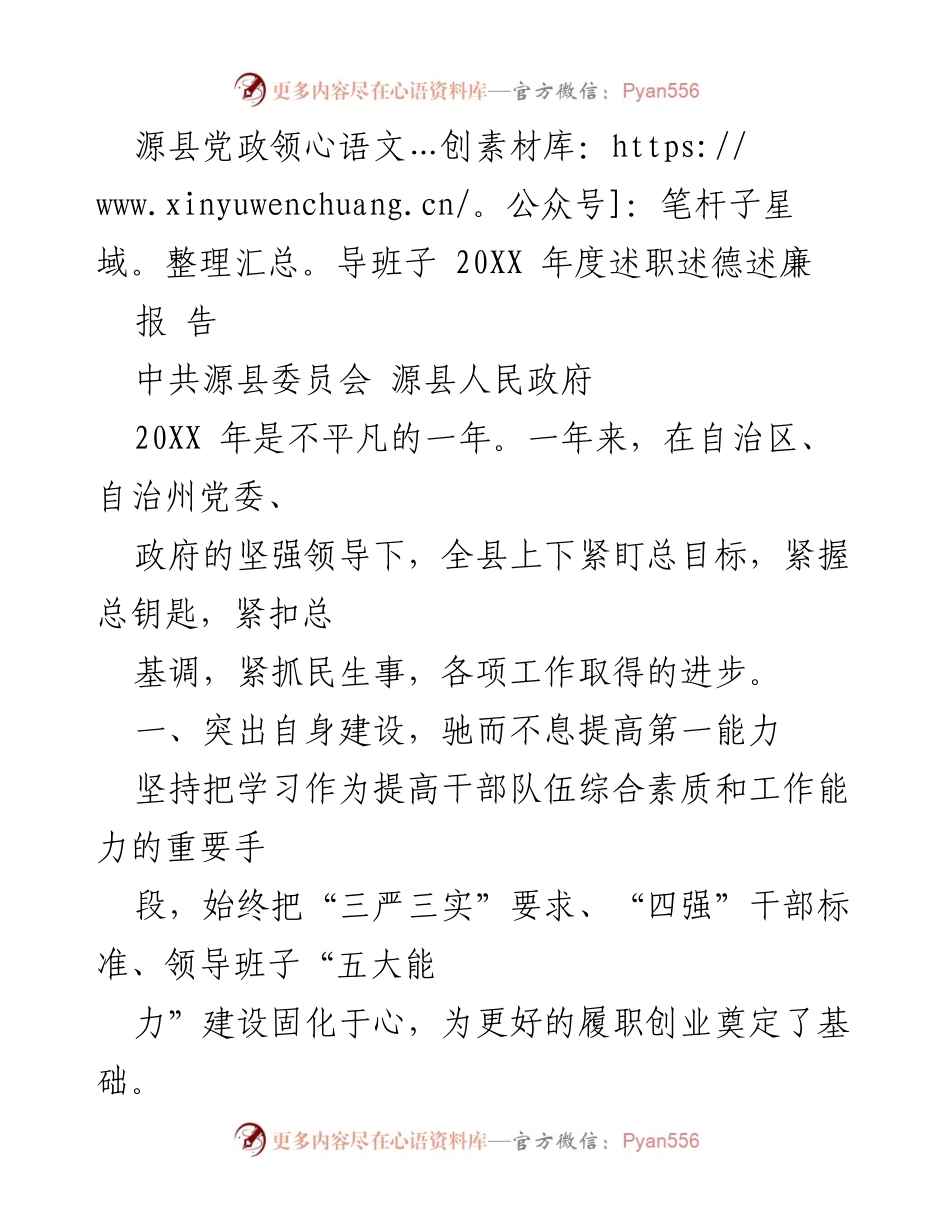 [报告] 年度述职 - 源县党政领导班子20XX年度述职述德述廉报告.docx_第1页