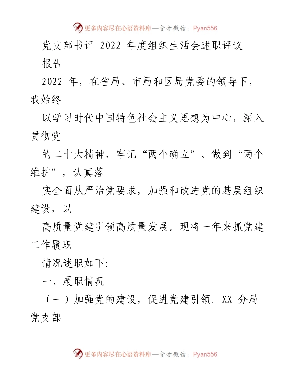 [报告] 党支部年度总结 - 2022年度党支部书记述职评议报告.docx_第1页