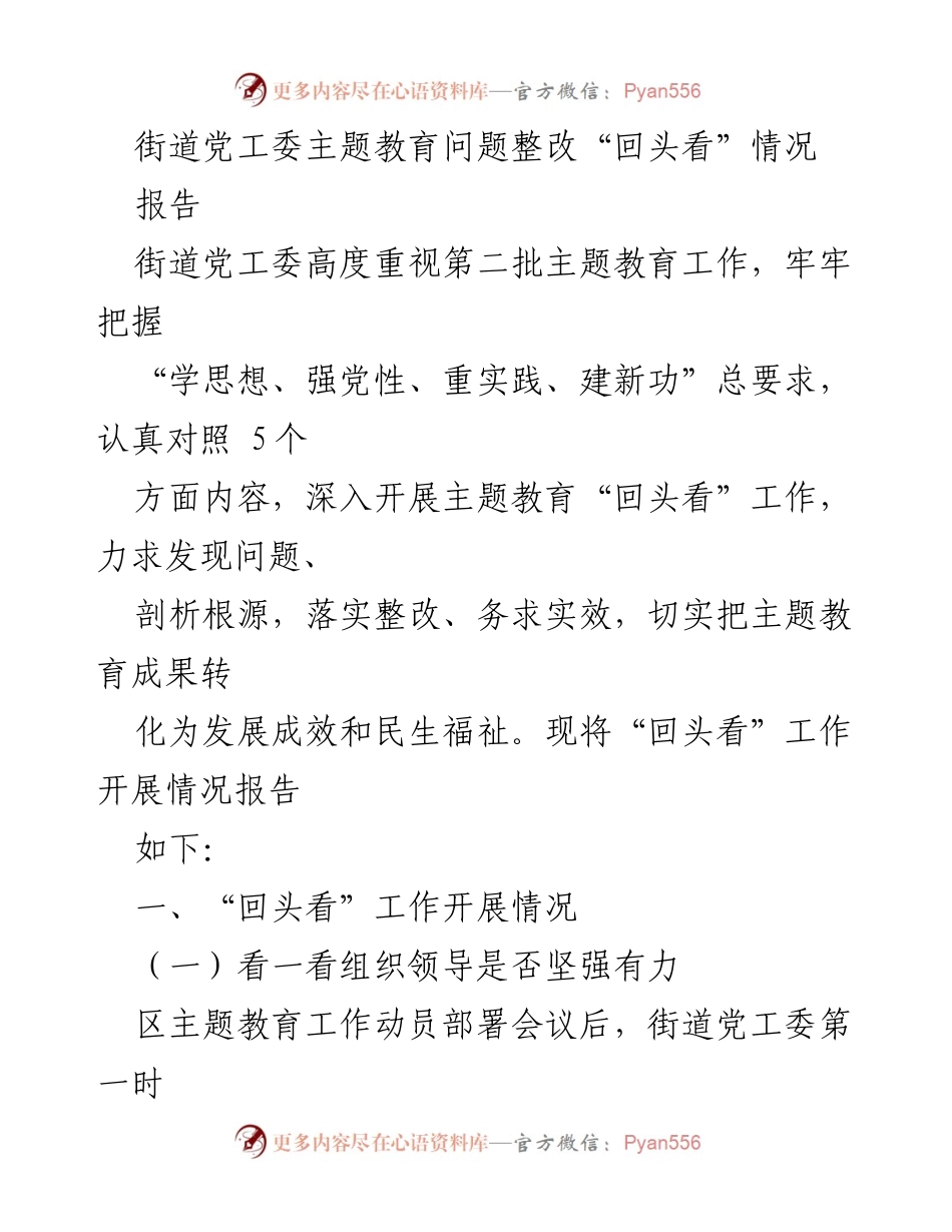 [报告] 街道党工委 - 主题教育“回头看”工作整改情况总结.docx_第1页