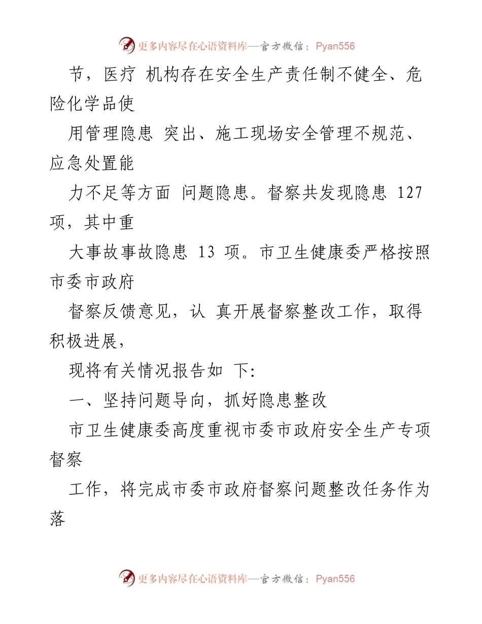 [报告] 市委市政府安全生产专项督察 - 某市卫健委安全生产问题整改情况报告.docx_第2页
