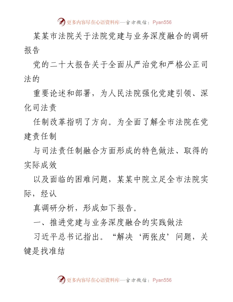 [调研报告] 法院 - 深度融合：某某市法院党建与业务实践调研报告.docx_第1页