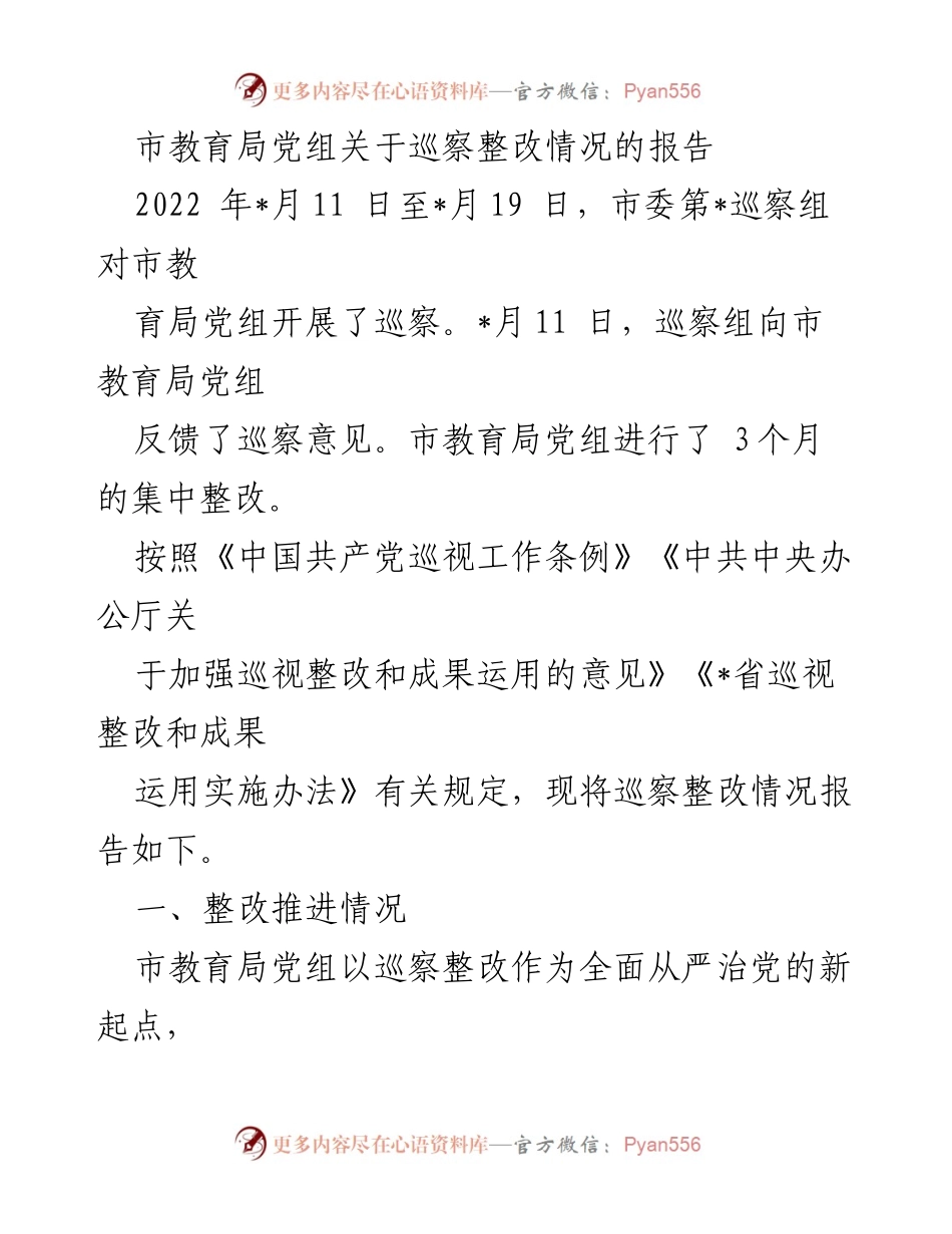 [报告] 巡察整改 - 市教育局党组巡察整改情况报告.docx_第1页