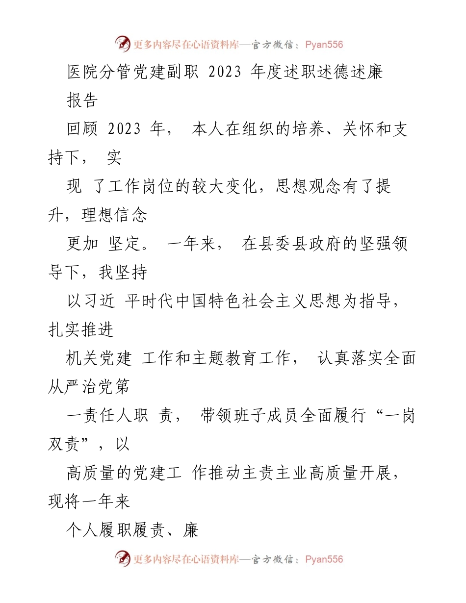 [报告] 医院党建工作 - 2023年度党建副职述职报告.docx_第1页
