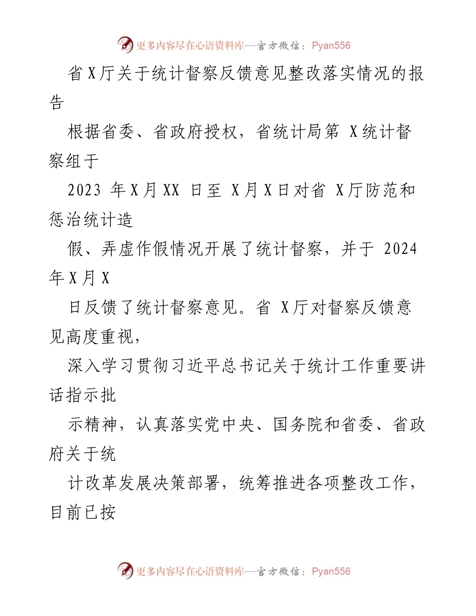 [报告] 统计督察 - 省X厅统计督察反馈意见整改落实情况报告.docx_第1页