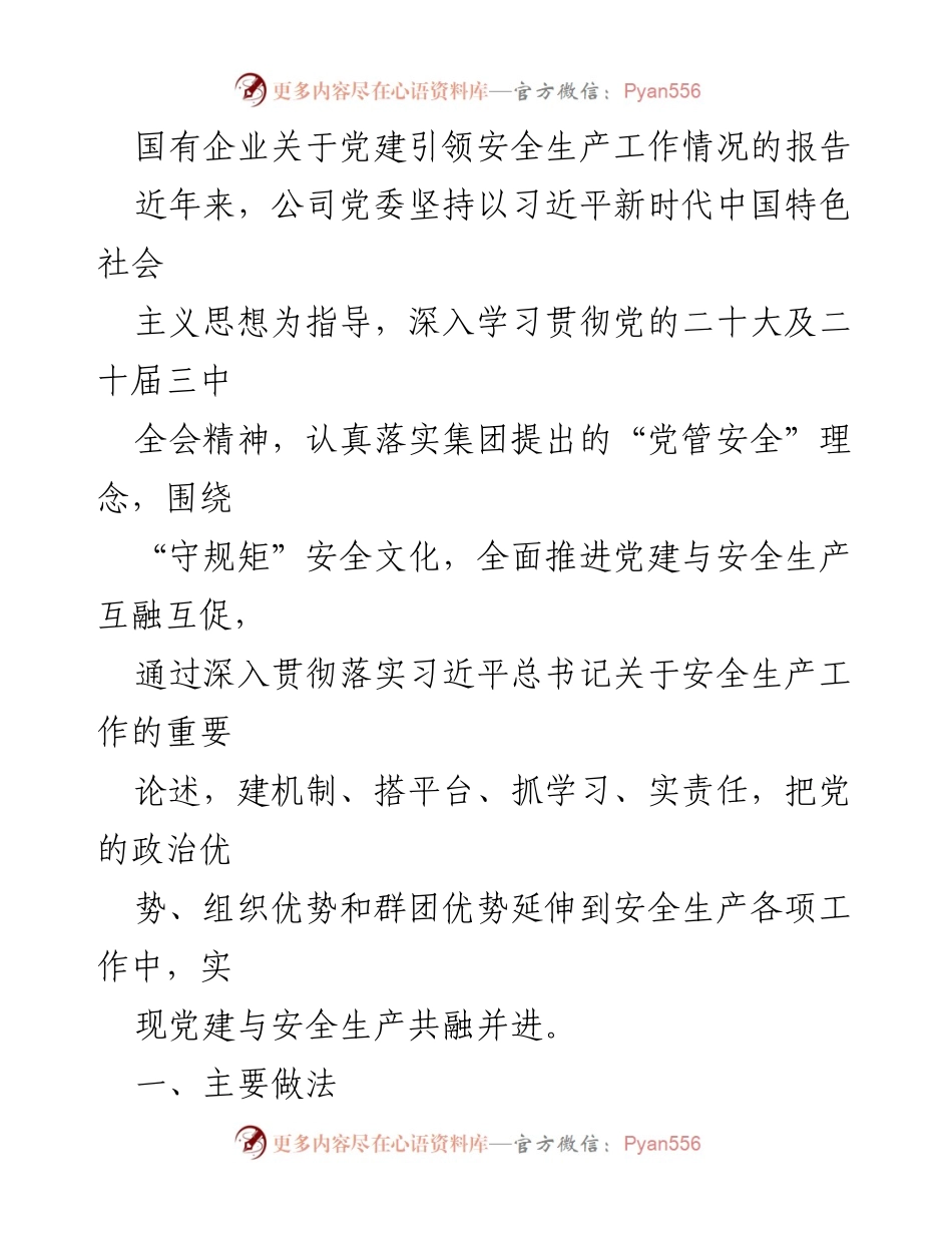 [报告] 国有企业 - 党建引领安全生产工作的实践与成效.docx_第1页