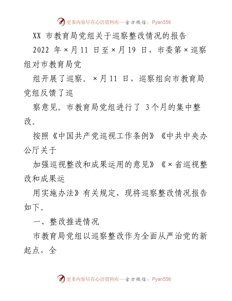 [报告] 巡察整改 - XX市教育局党组巡察整改情况报告.docx_第1页