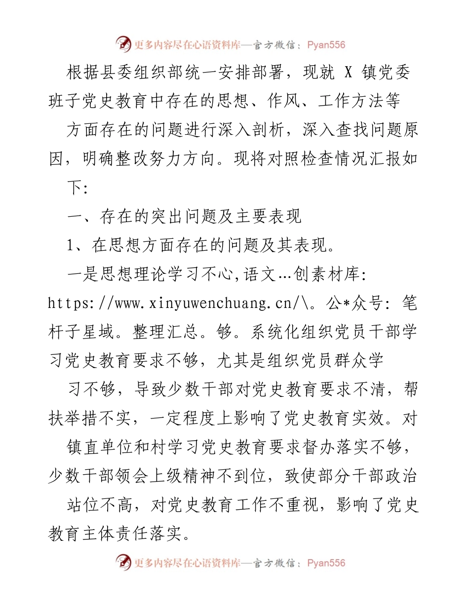 [调研报告] 党史教育 - X镇党委班子党史教育问题及整改措施分析.docx_第1页