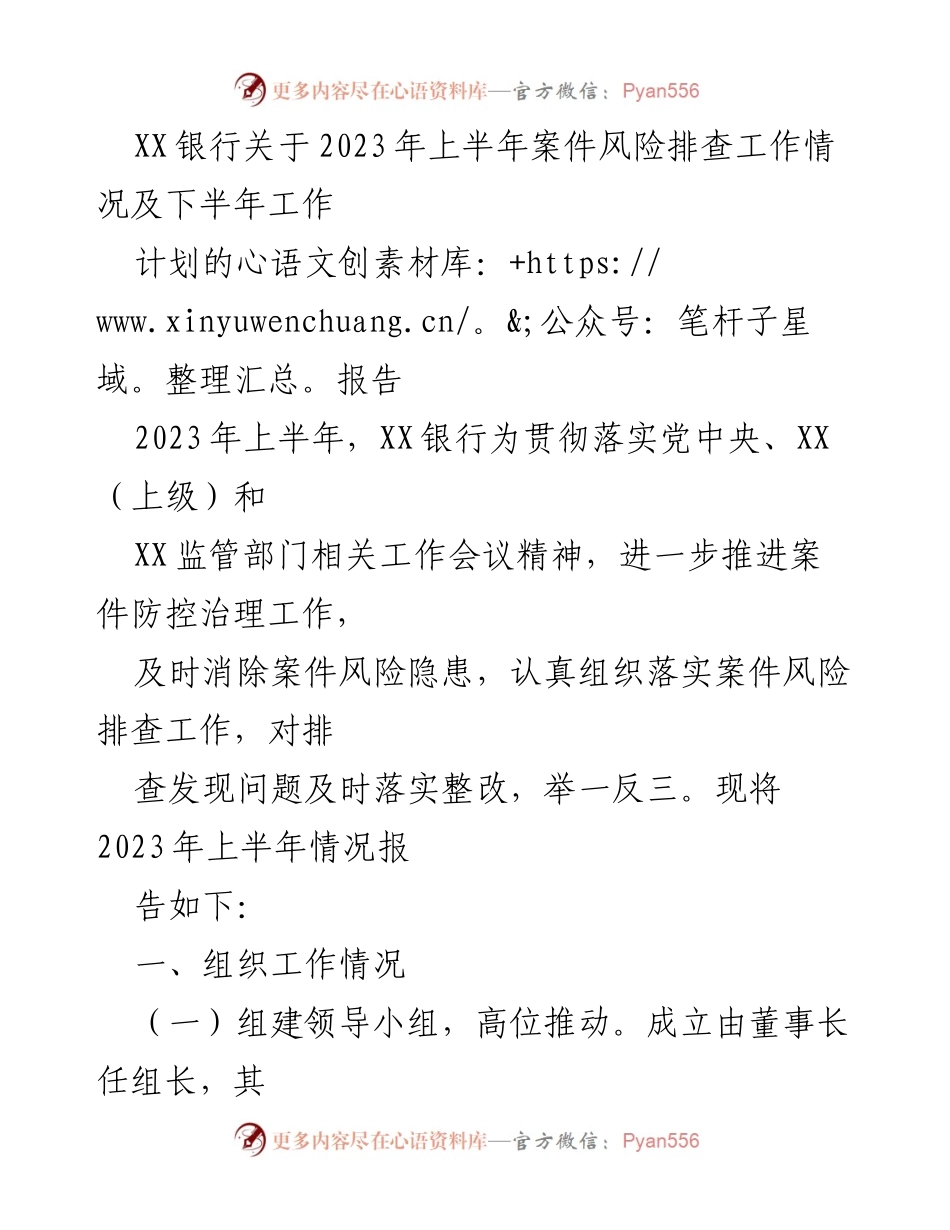 [报告] 工作总结 - XX银行2023年上半年案件风险排查工作总结及下半年计划.docx_第1页