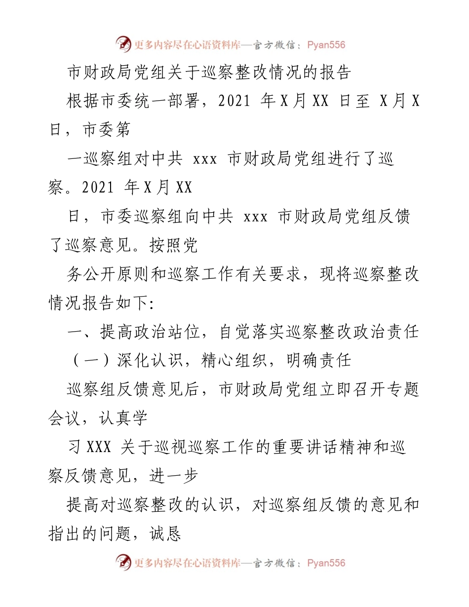[报告] 政府部门 - 市财政局巡察整改情况报告.docx_第1页