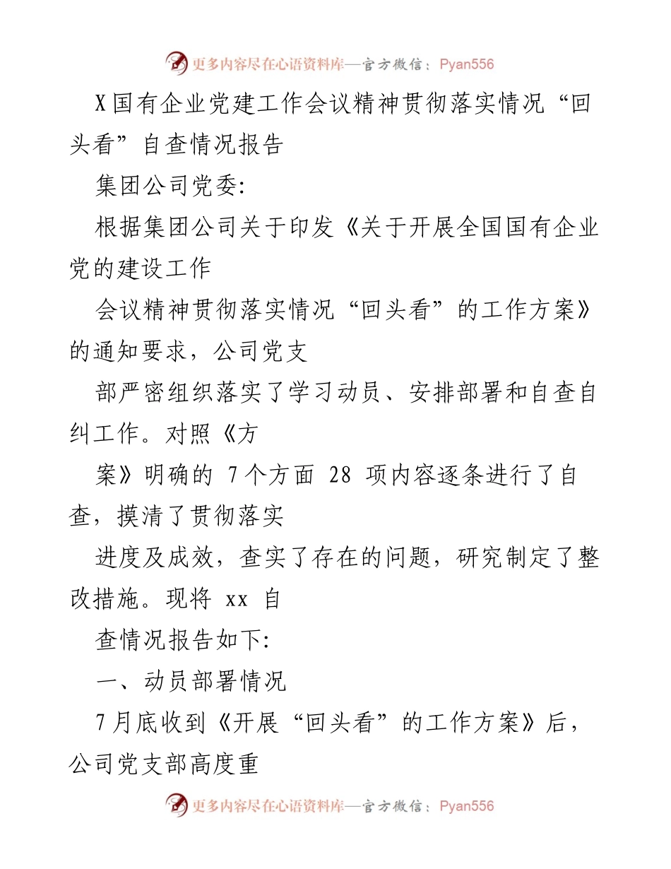 [调研报告] 党建工作会议 - 国有企业党建工作会议精神落实情况自查报告.docx_第1页