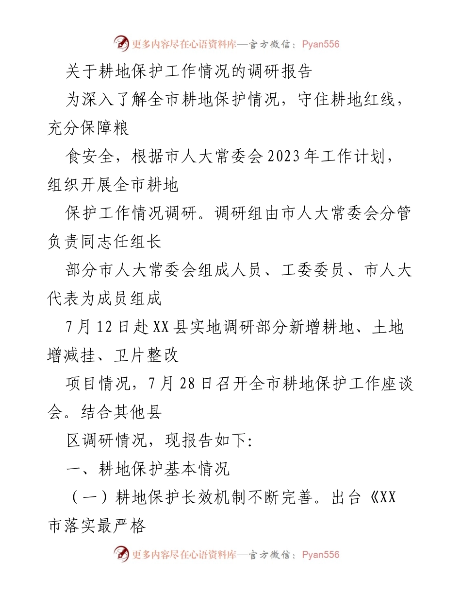 [调研报告] 耕地保护工作 - 全市耕地保护工作情况调研报告.docx_第1页