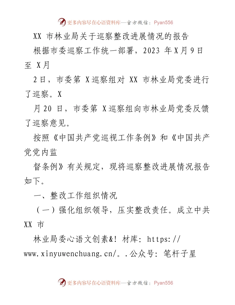 [报告] 巡察整改 - XX市林业局巡察整改进展情况报告_1.docx_第1页