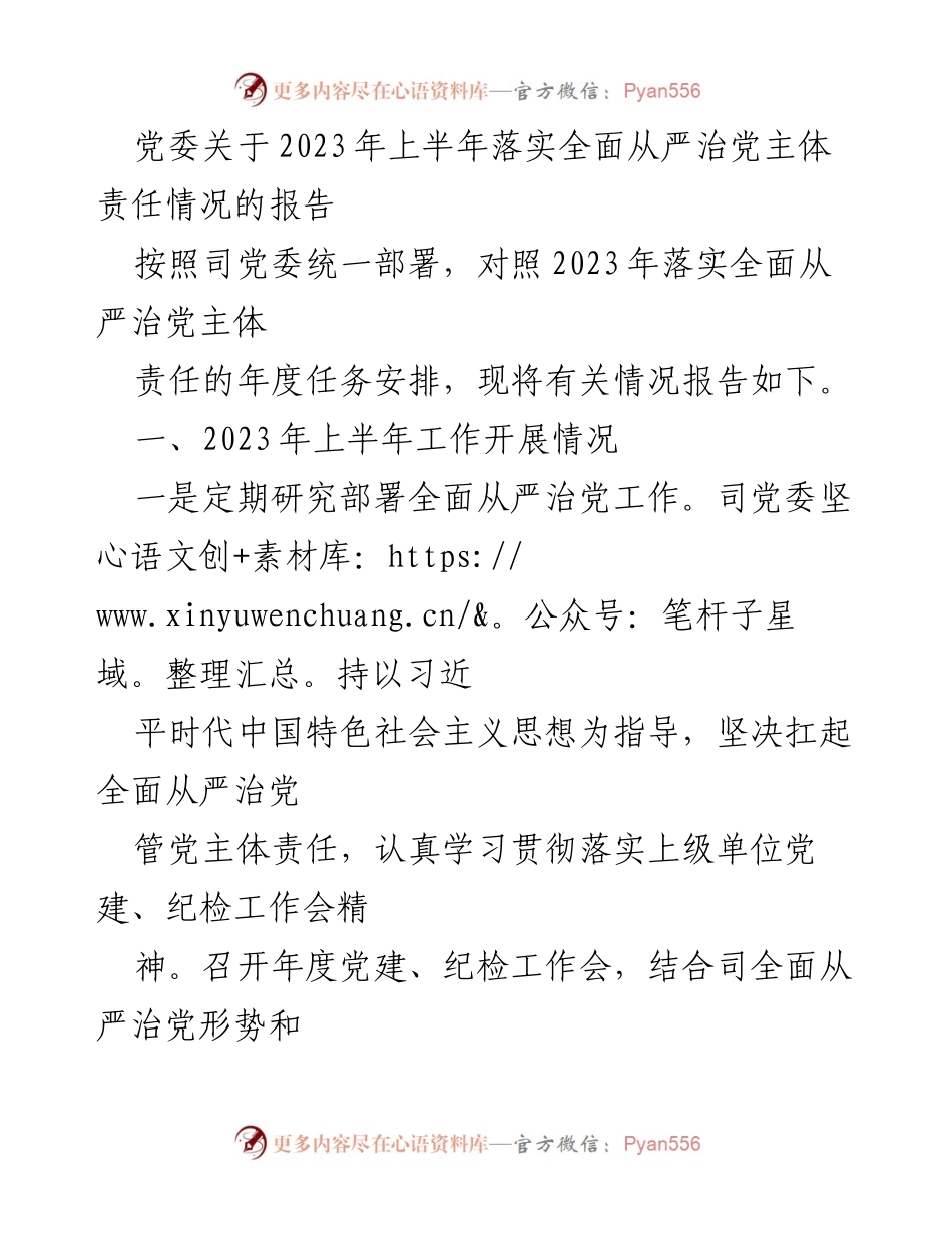 [报告] 党委会议 - 2023年上半年全面从严治党主体责任落实情况报告.docx_第1页