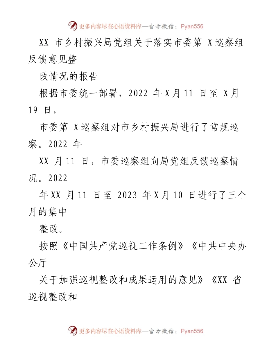 [报告] 巡察整改 - XX市乡村振兴局巡察整改情况报告.docx_第1页