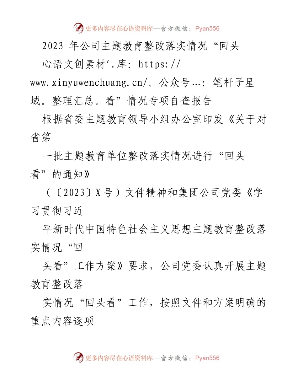 [调研报告] 公司党委 - 2023年主题教育整改落实情况专项自查报告.docx_第1页