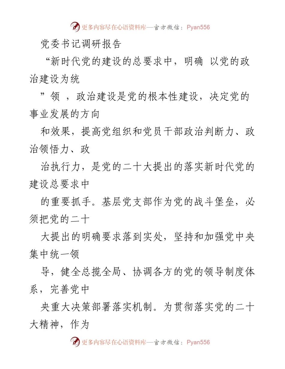 [调研报告] 党委书记调研 - 提升政治能力建设，推动党建引领高质量发展.docx_第1页