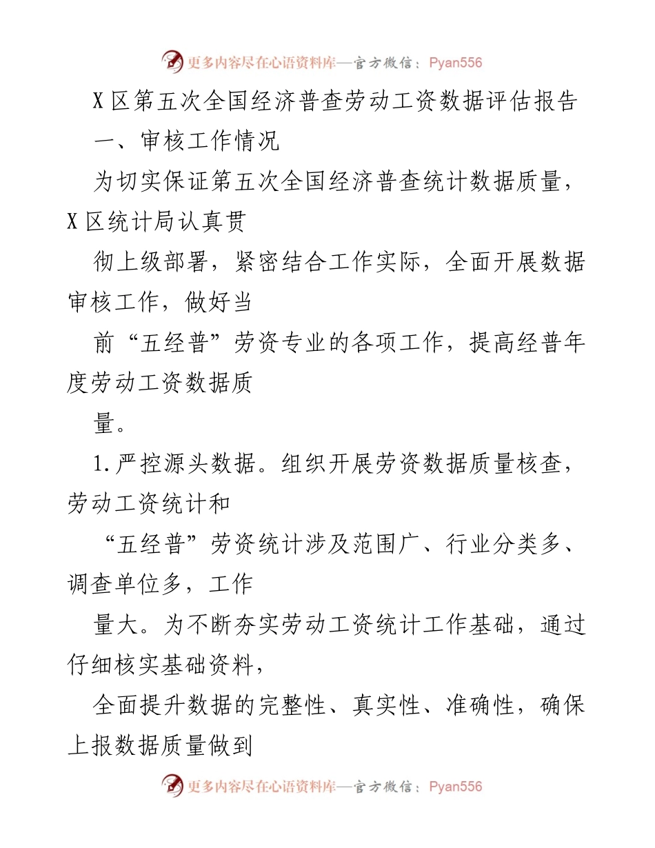 [调研报告] 第五次全国经济普查 - X区劳动工资数据审核与评估分析报告.docx_第1页