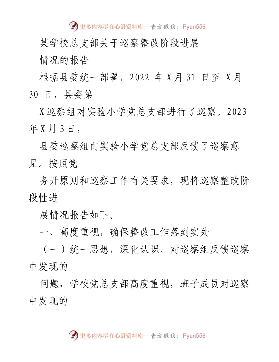 [报告] 巡察整改 - 实验小学党总支部巡察整改阶段性进展情况报告.docx_第1页