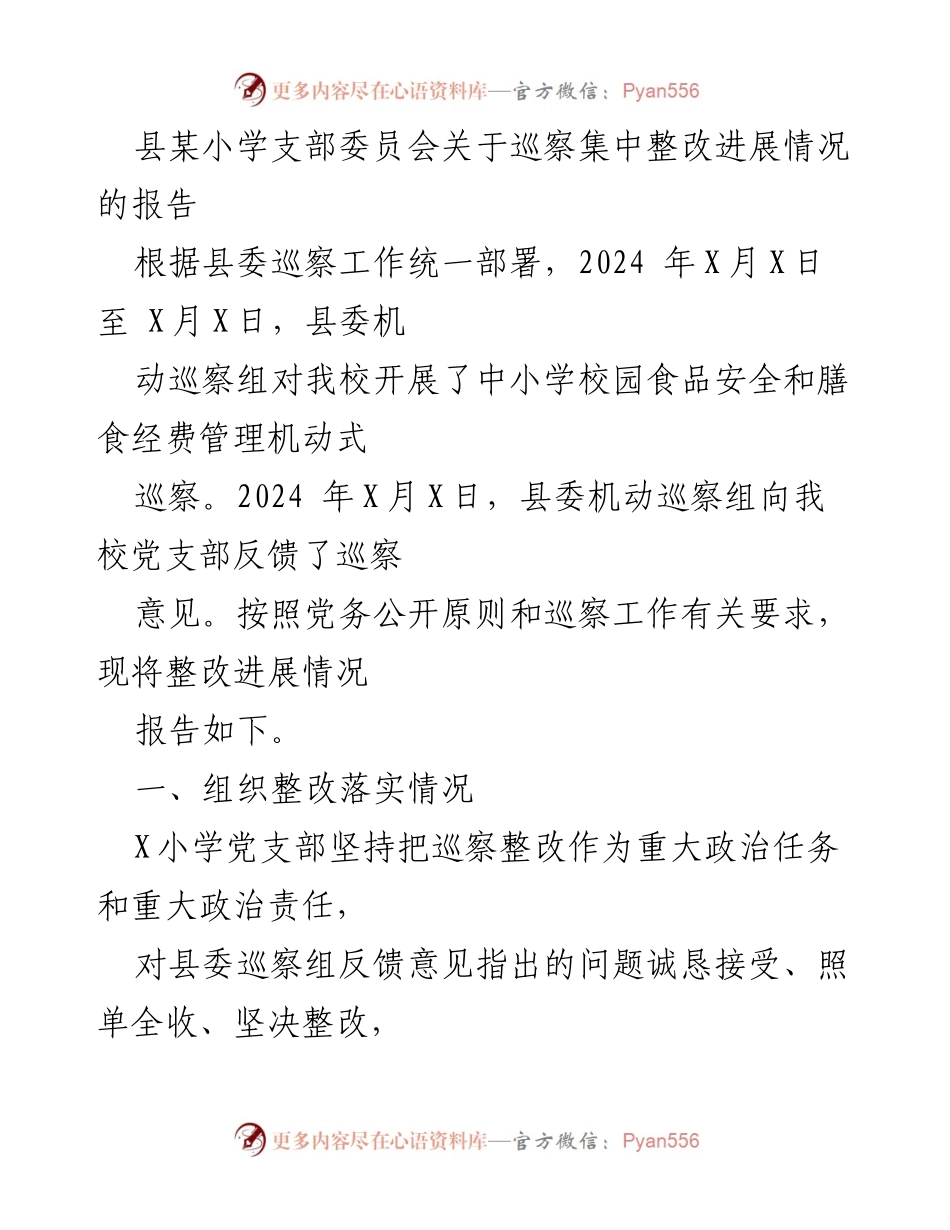 [报告] 巡察整改 - 县某小学巡察集中整改进展情况报告.docx_第1页