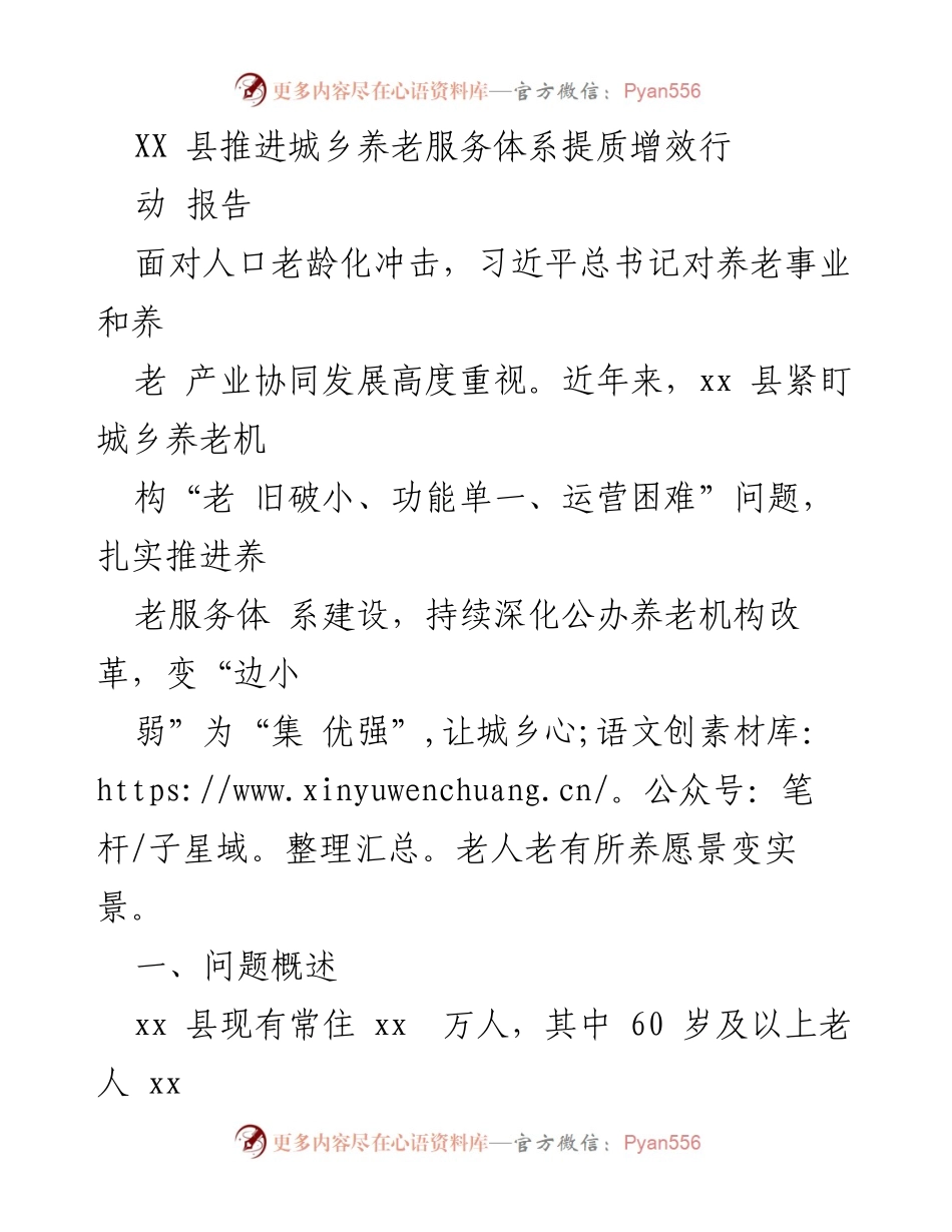 [调研报告] XX县 - 推进城乡养老服务体系的提质增效行动分析.docx_第1页