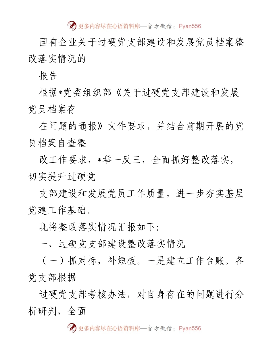 [报告] 国有企业党建工作 - 过硬党支部建设及党员档案整改落实情况汇报.docx_第1页