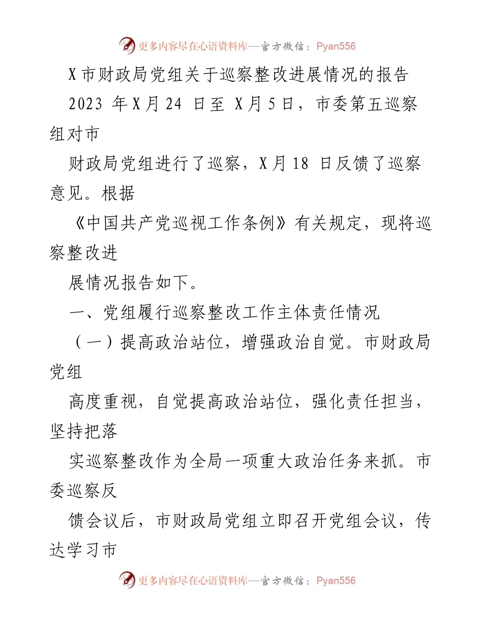 [报告] 巡察整改 - X市财政局党组巡察整改进展情况报告.docx_第1页
