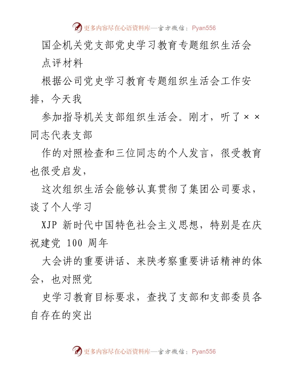 [点评材料] 党支部组织生活会 - 国企机关党支部党史学习教育专题组织生活会点评与整改建议.docx_第1页