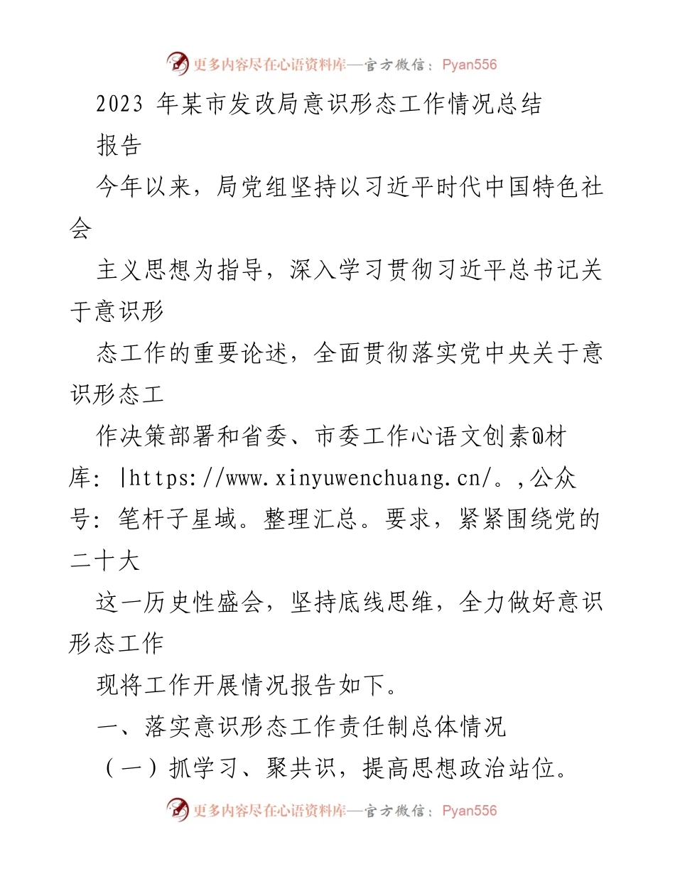 [报告] 工作总结 - 2023年某市发改局意识形态工作情况总结.docx_第1页
