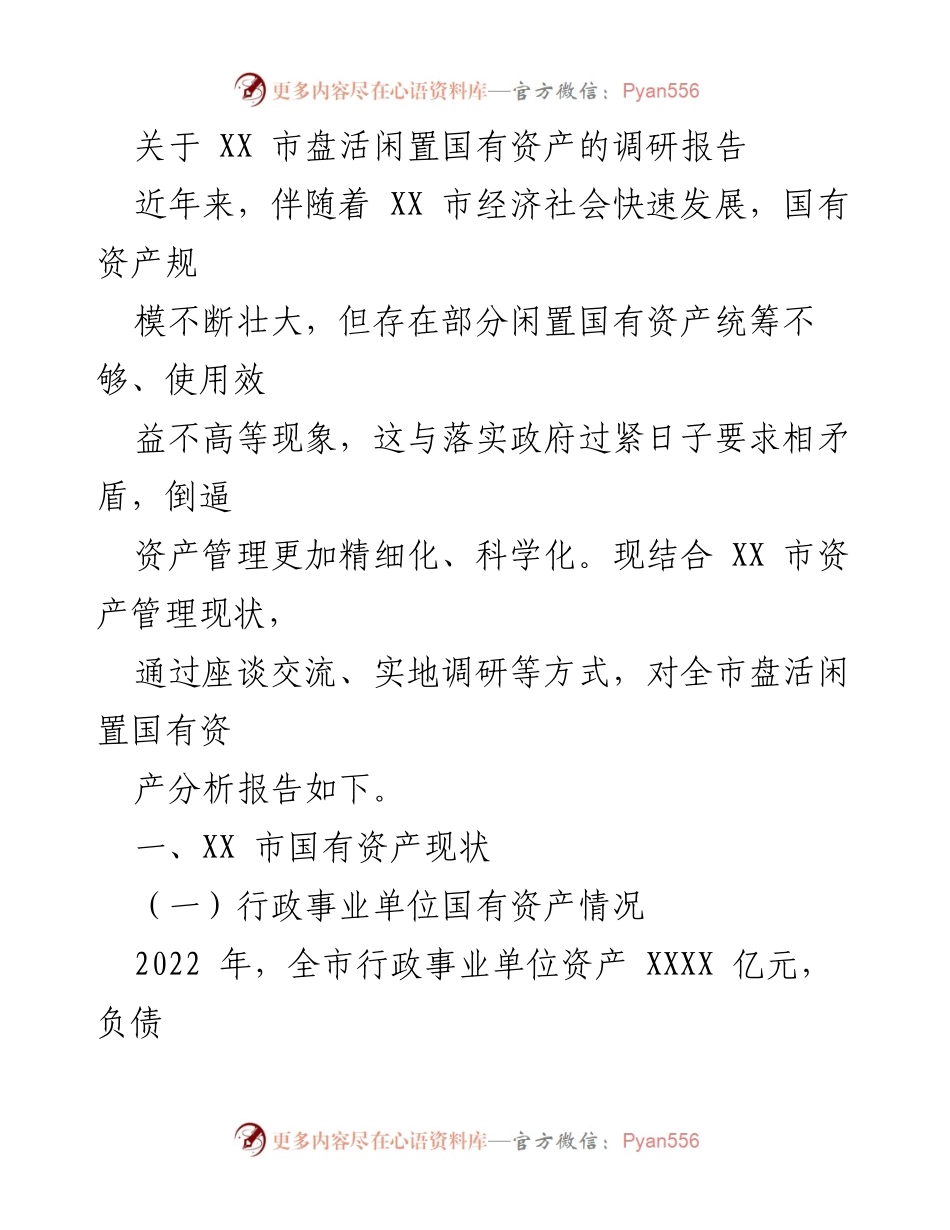 [调研报告] XX市 - 盘活闲置国有资产现状分析与建议.docx_第1页