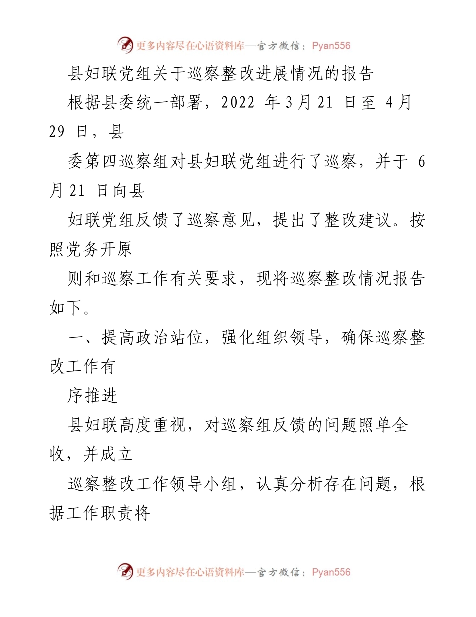 [报告] 巡察整改 - 县妇联党组巡察整改进展情况报告.docx_第1页