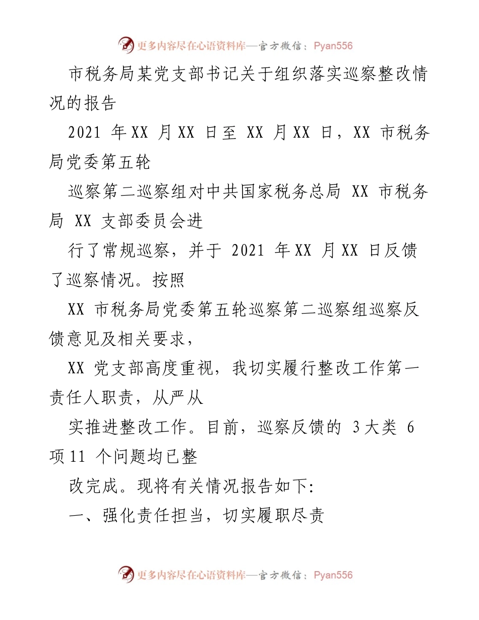 [报告] 巡察整改 - 市税务局党支部巡察整改落实情况报告.docx_第1页