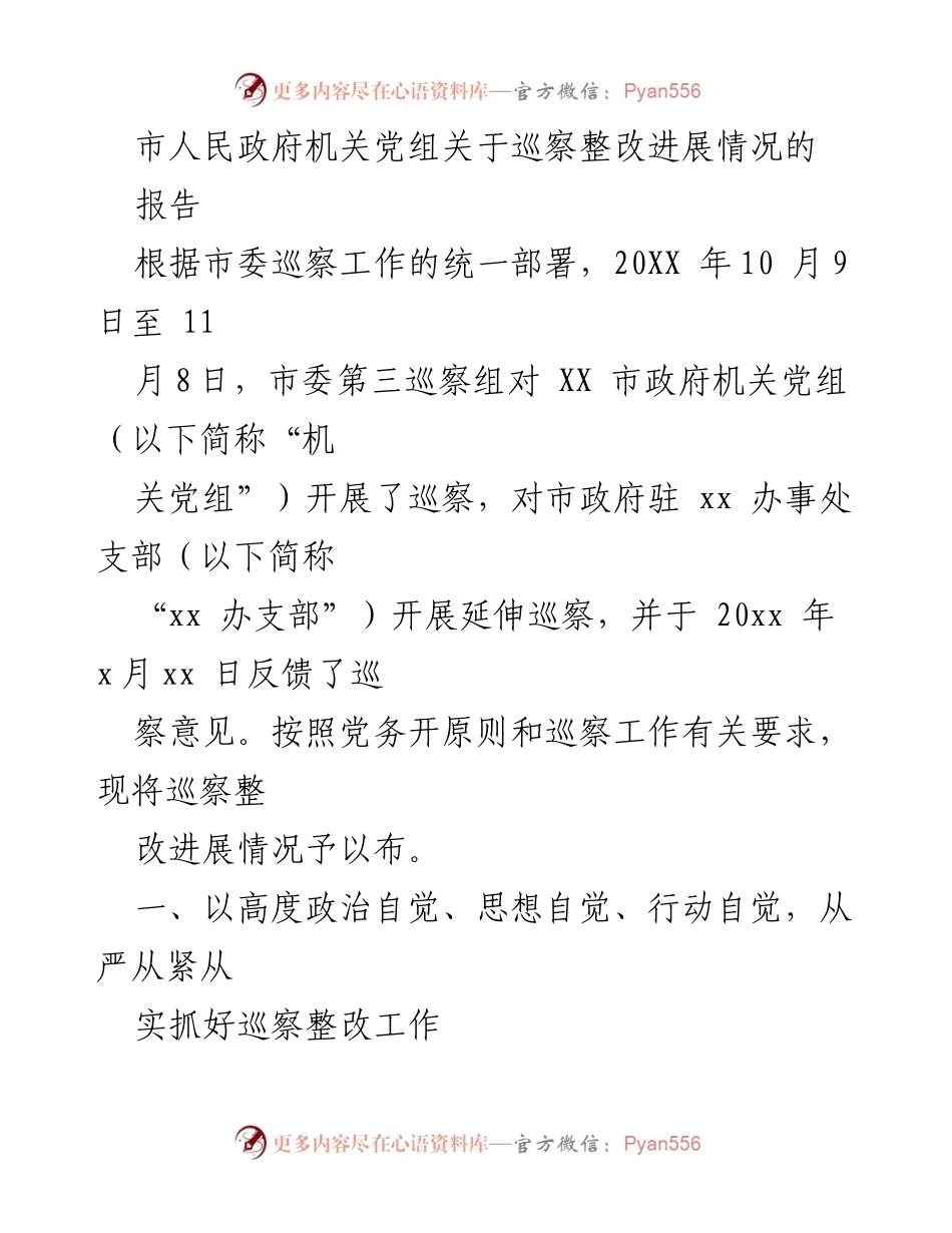 [报告] 市政府机关 - 巡察整改进展情况报告.docx_第1页