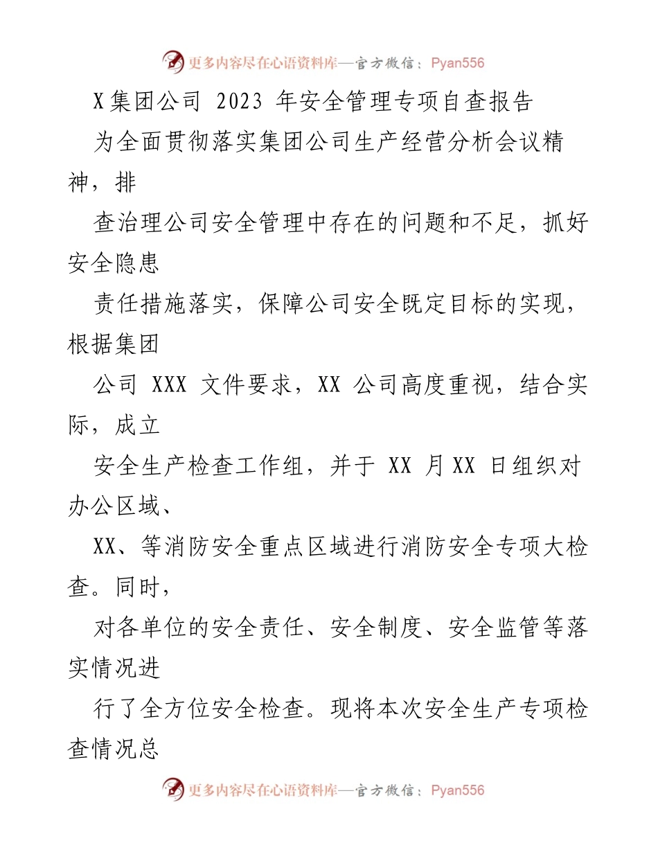 [调研报告] 安全管理 - 2023年安全管理专项自查报告总结.docx_第1页