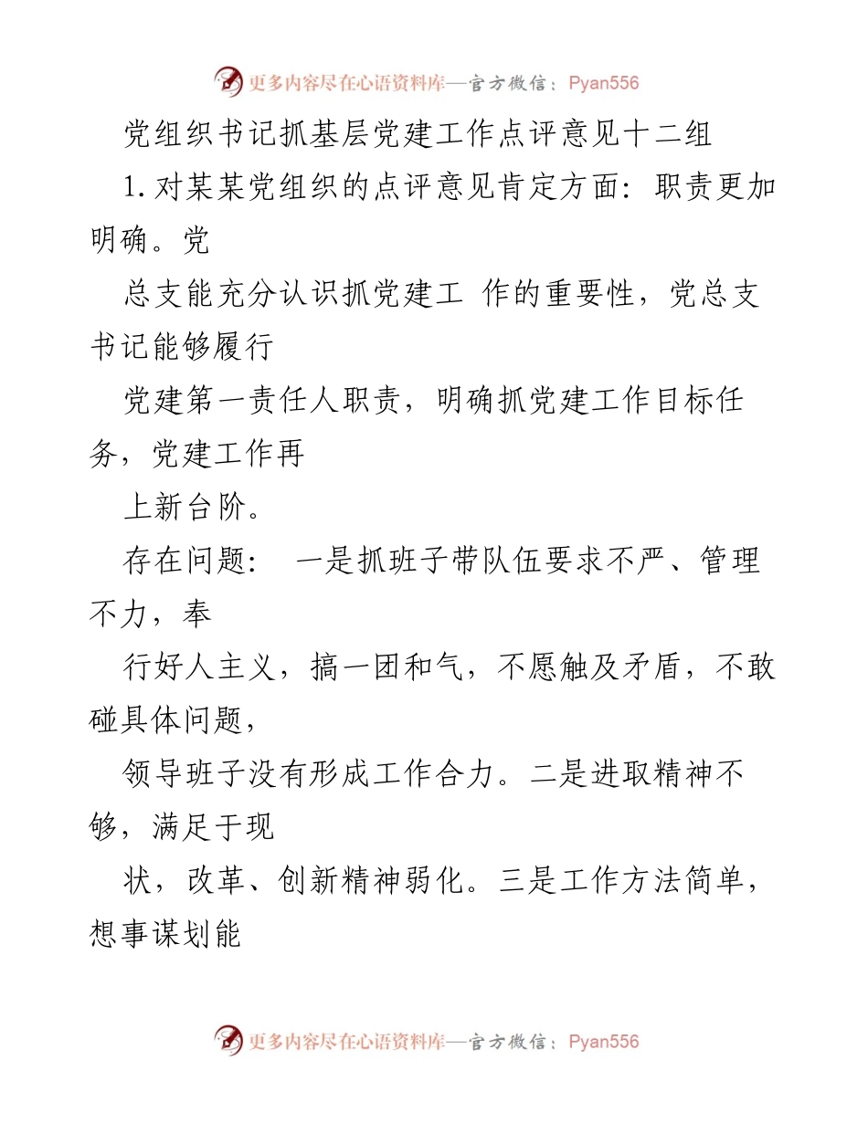 [点评意见] 基层党建工作 - 党组织书记抓党建工作点评意见总结.docx_第1页