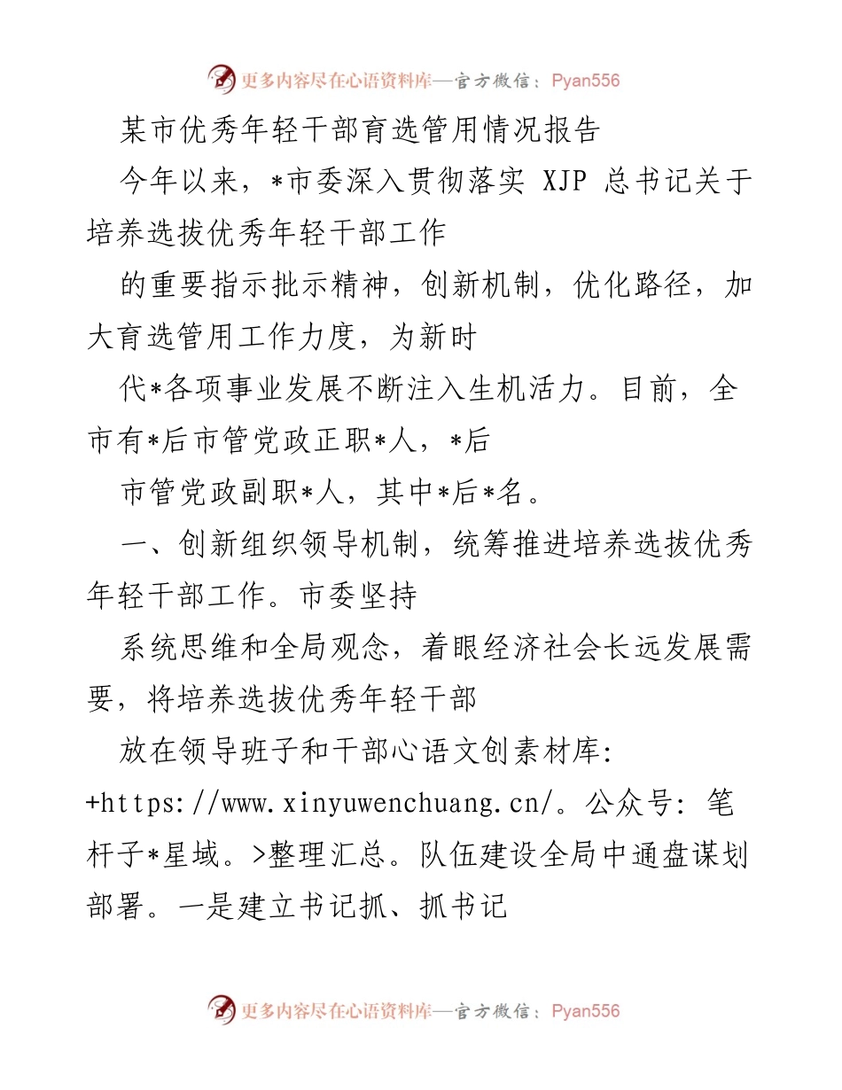 [调研报告] 干部选拔 - 某市优秀年轻干部育选管用情况报告.docx_第1页