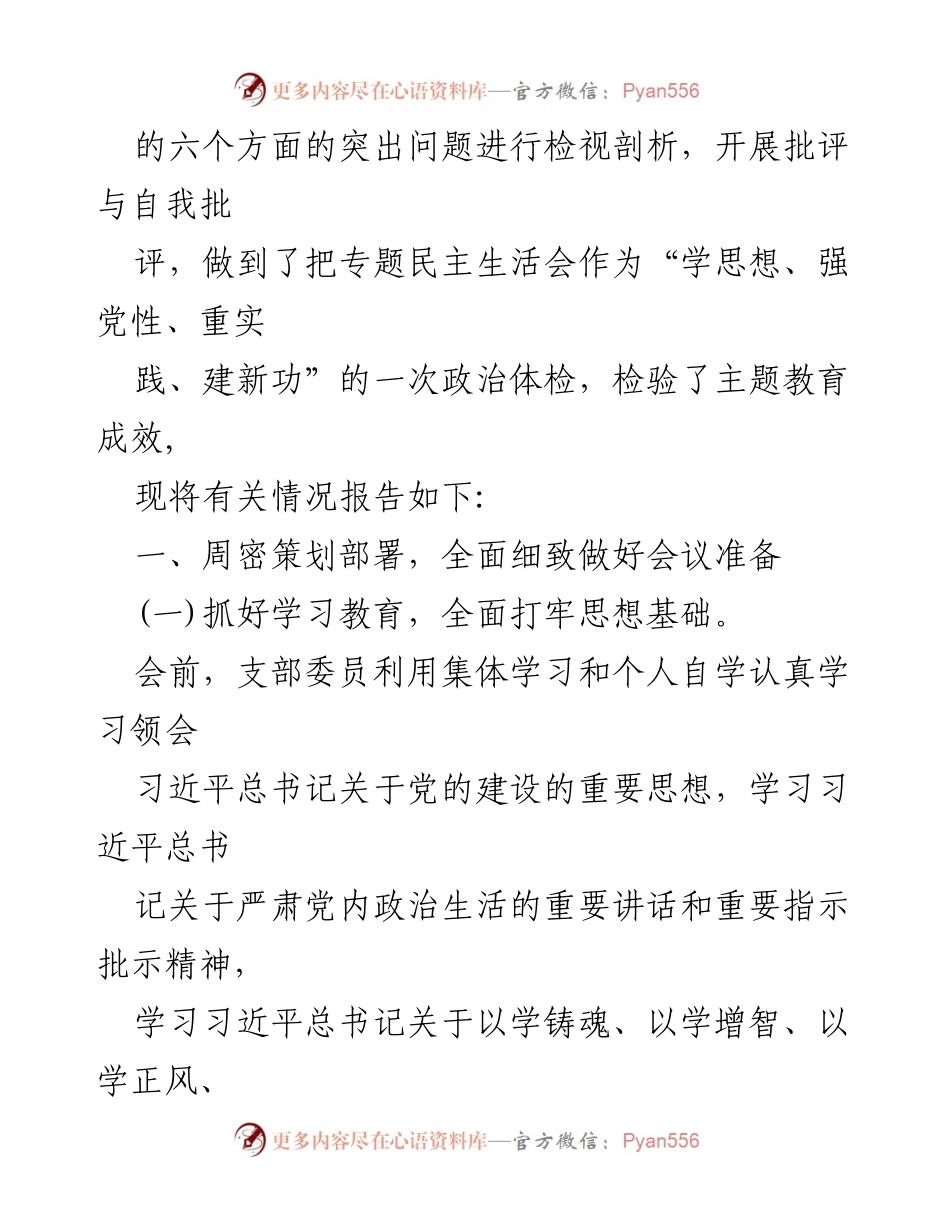 [报告] 党支部会议 - 学习贯彻习近平新时代中国特色社会主义思想专题民主生活会开展情况总结.docx_第2页