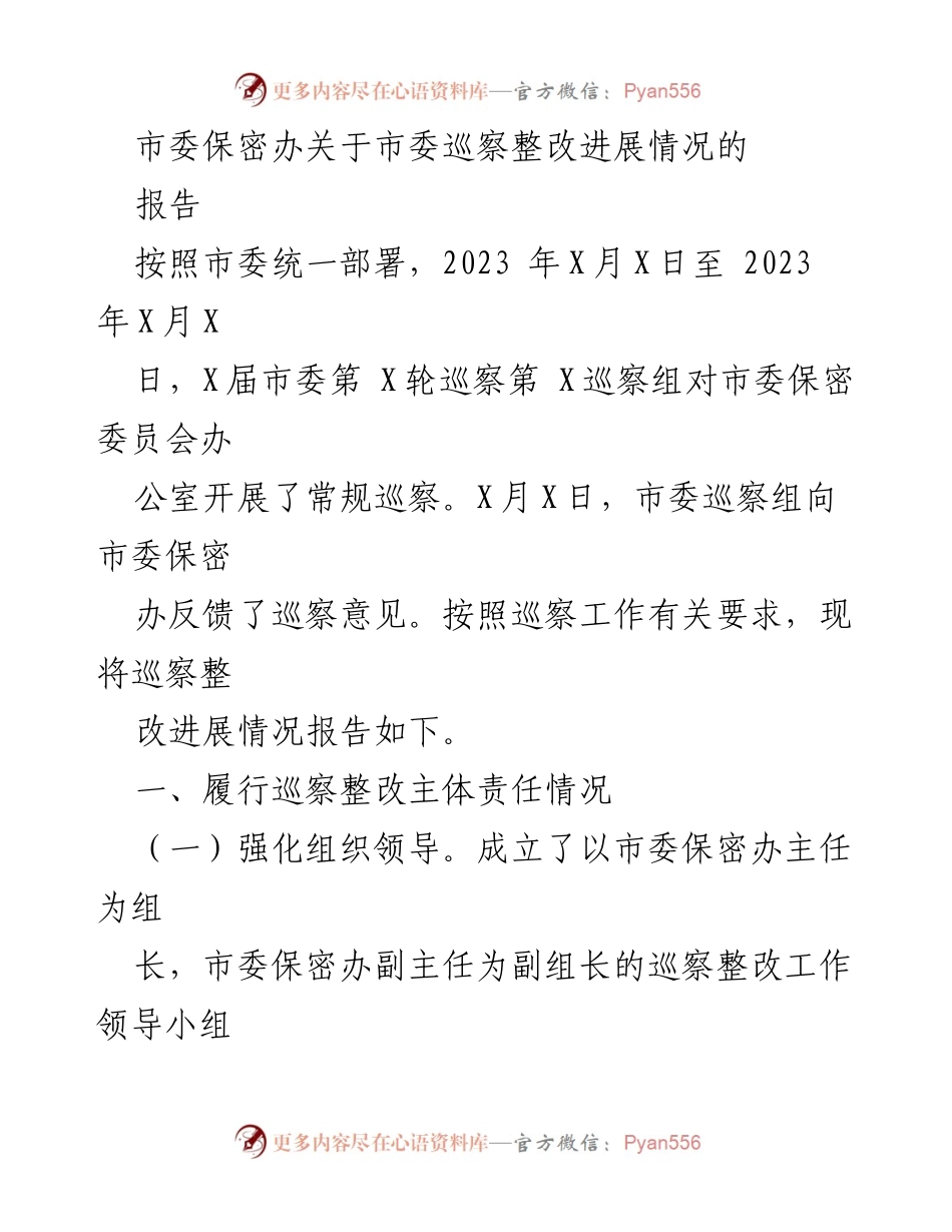 [报告] 巡察整改 - 市委保密办巡察整改进展情况报告.docx_第1页