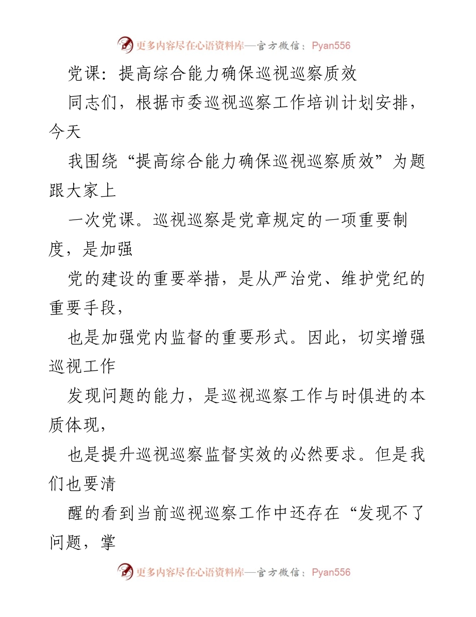 [党课] 市委巡视巡察工作培训 - 提高巡视巡察质效的综合能力.docx_第1页