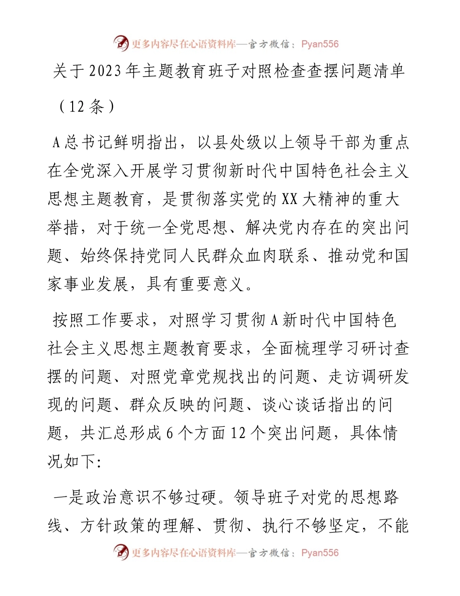 (12条)在2023年主题教育班子对照检查查摆问题清单.docx_第1页