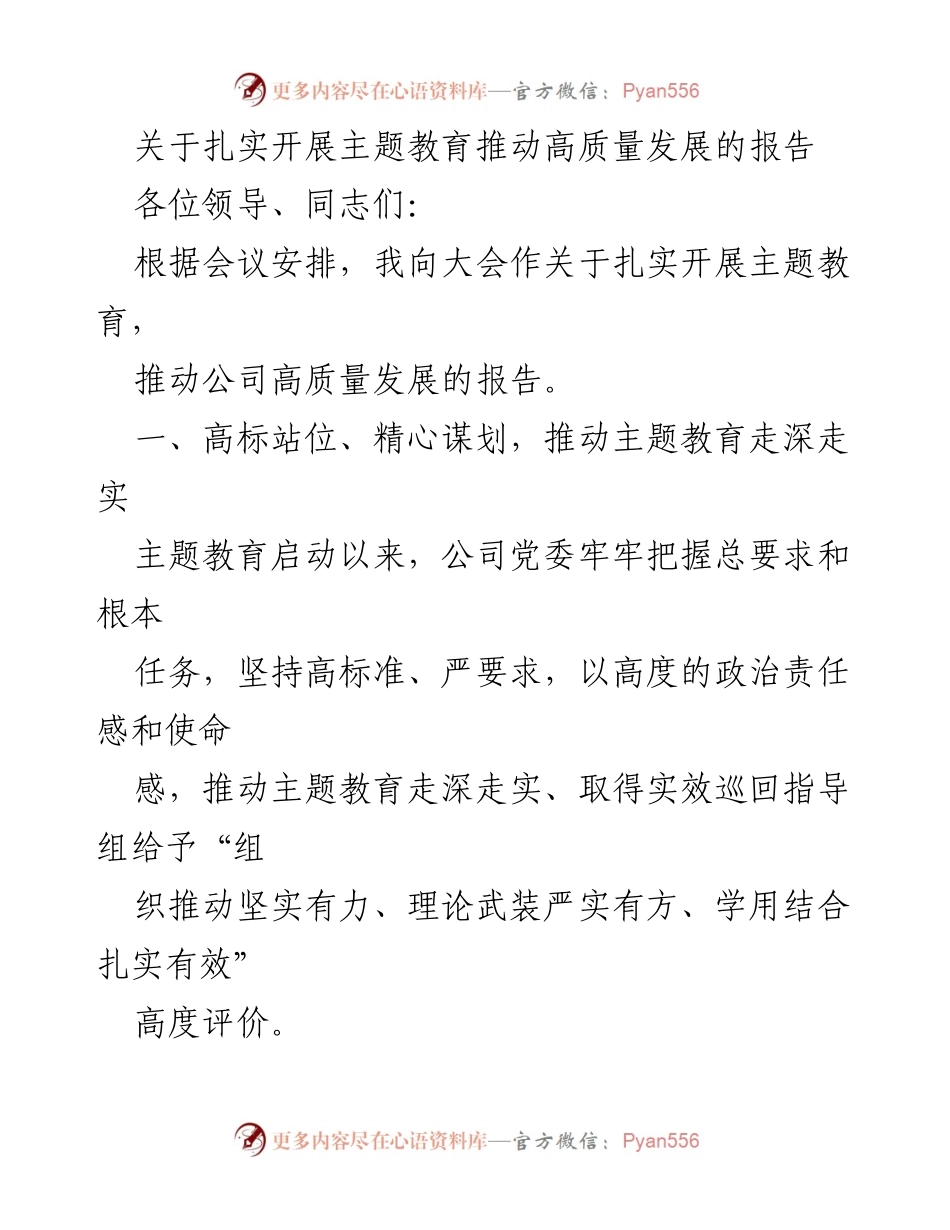 [报告] 会议 - 扎实开展主题教育推动公司高质量发展报告.docx_第1页